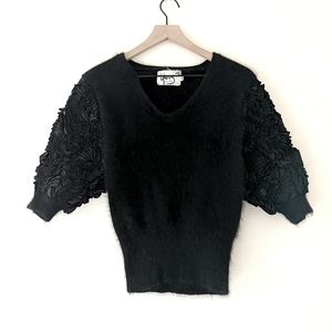 Gloria Furman 80s Vintage Black Angora Puff Ribbon Applique Sleeve Fuzzy Sweater